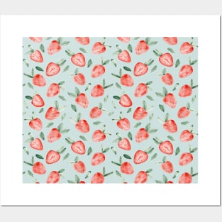 Watercolor painting of tropical strawberries on light greenish blue background Posters and Art